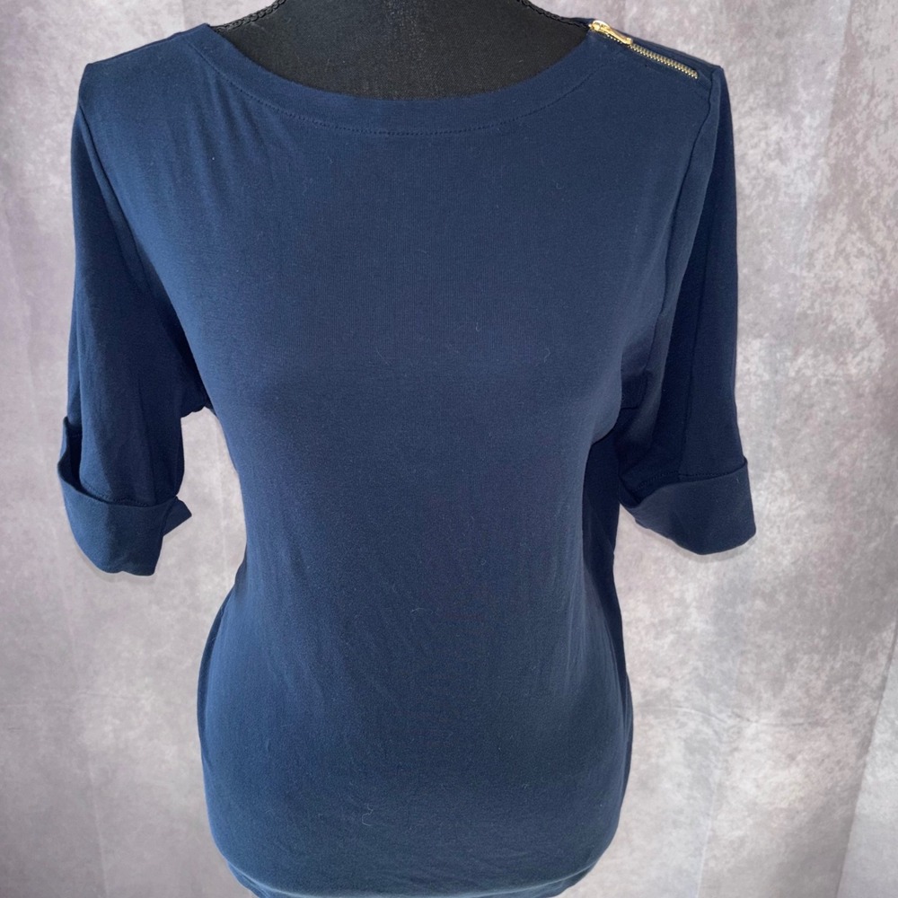 Lauren Ralph Lauren Navy Blue Boat Neck Preppy Shoulder Gold Zip Top Women 1X